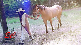 Natural-Titted Candy Mounts A Horse In A Topless Display