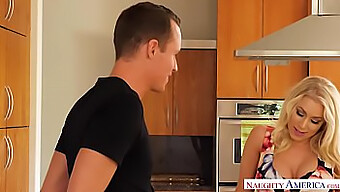 Katie Morgan, a busty mature woman, engages in sexual activity with a well-endowed younger man in various positions, including oral sex, in a video from Naughty America